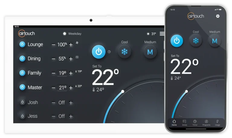 AirTouch 5 smart control panel showing room-by-room temperatures